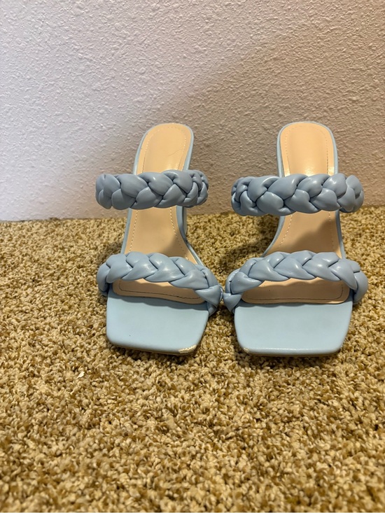 Shoes - Braided Strap Block Heel Mules Light Blue Size 37 Open Toe Sandals